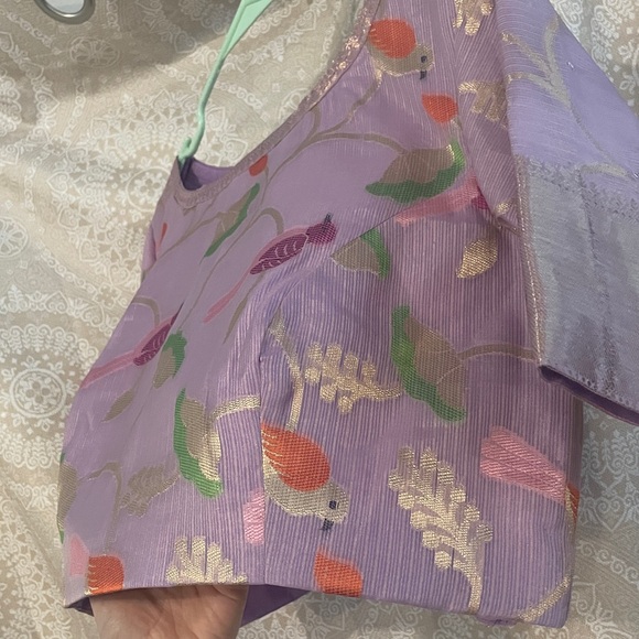 Tops - Unique Purple Saree Choli Blouse with Bird Pattern (Saree not included)